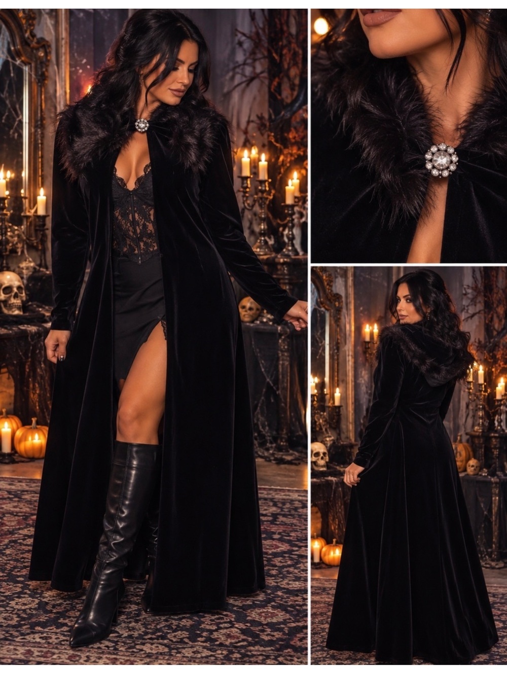 Black Long Velvet-Style Duster Coat with Faux Fur Collar